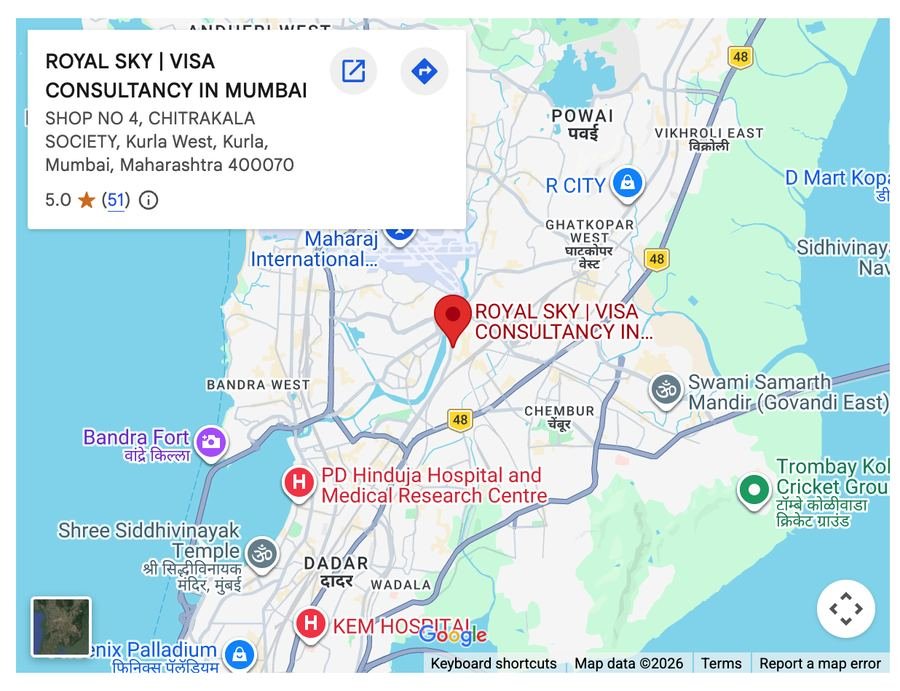 Royal Sky Visa Consultancy location on Google Maps, Kurla West, Mumbai, 5.0 rating with 51 reviews